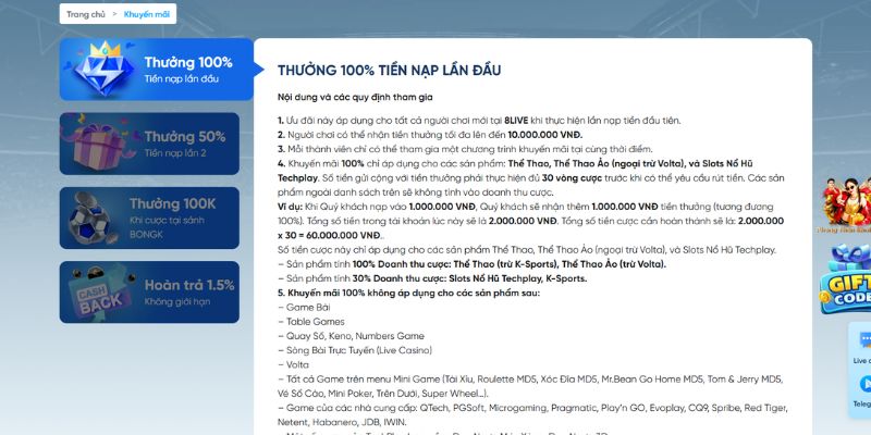 Chương trình khuyến mãi 8live - nạp là có thưởng